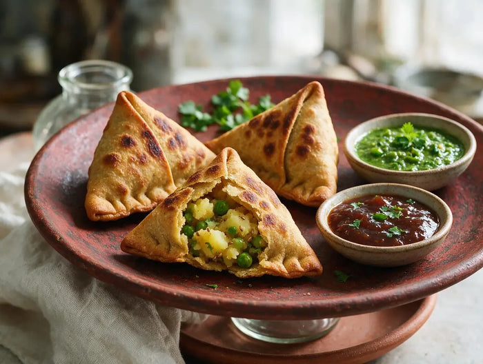 Baked millet samosas with blistered golden shells beside tamarind and mint chutneys
