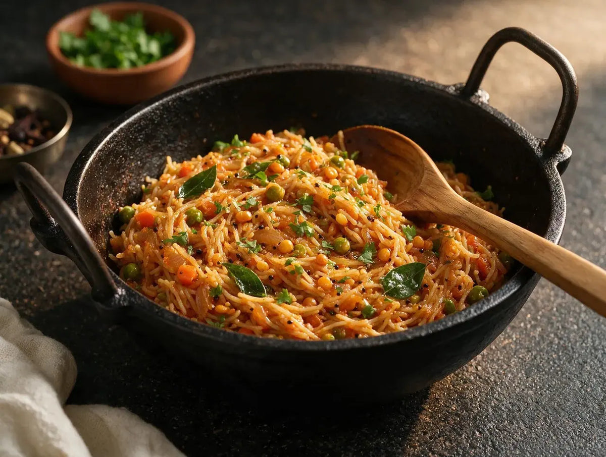 Soft jowar vermicelli upma with tomato, carrot and peas in a black iron kadai