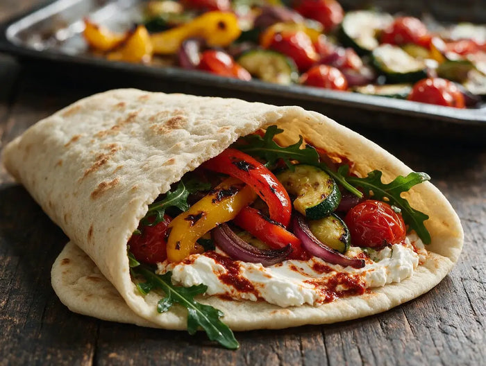 Jowar flatbread wrap filled with charred peppers, courgette, whipped feta and rocket