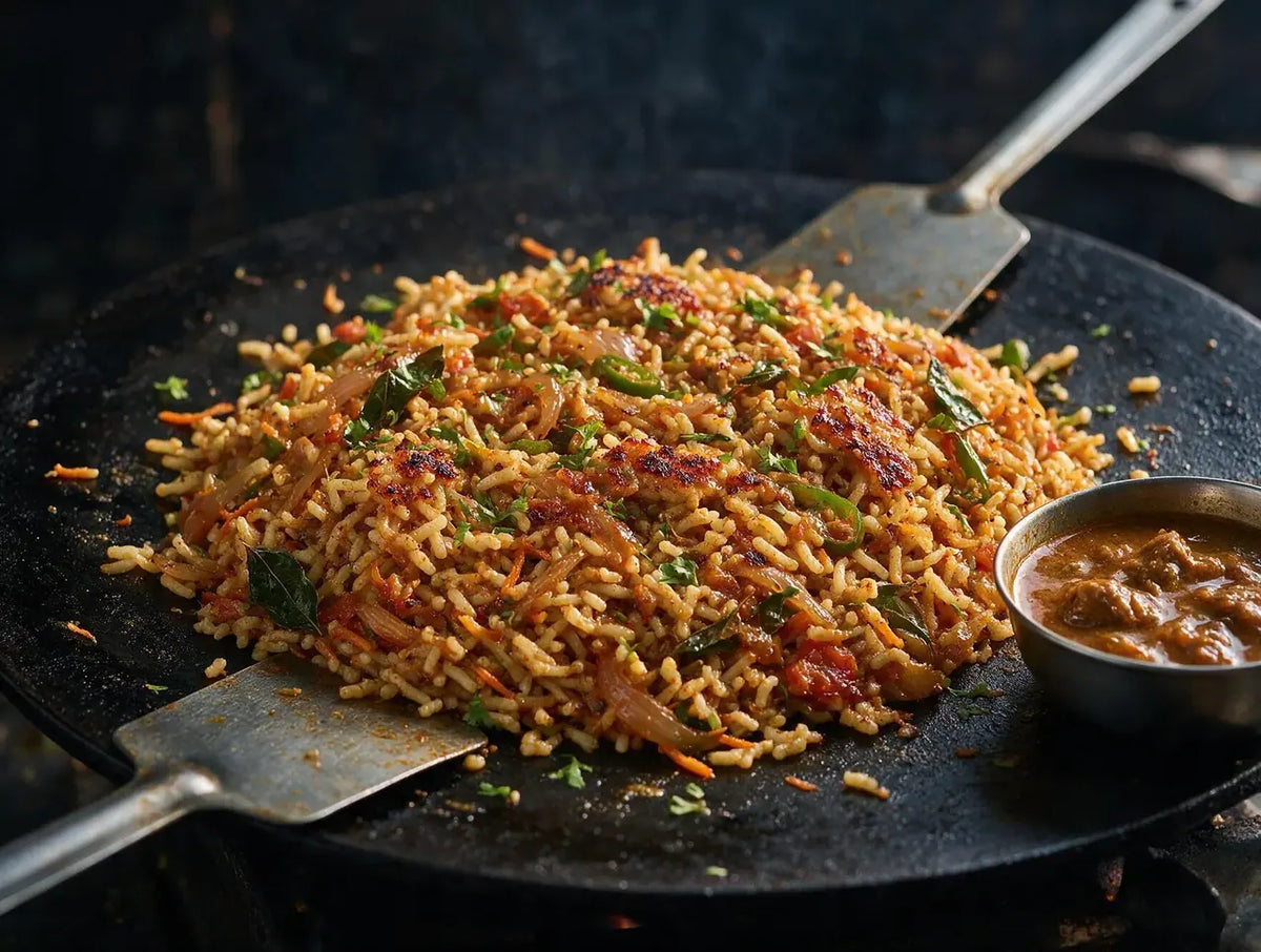 Chopped kothu-style millet sevai with browned onion and masala on a flat black griddle
