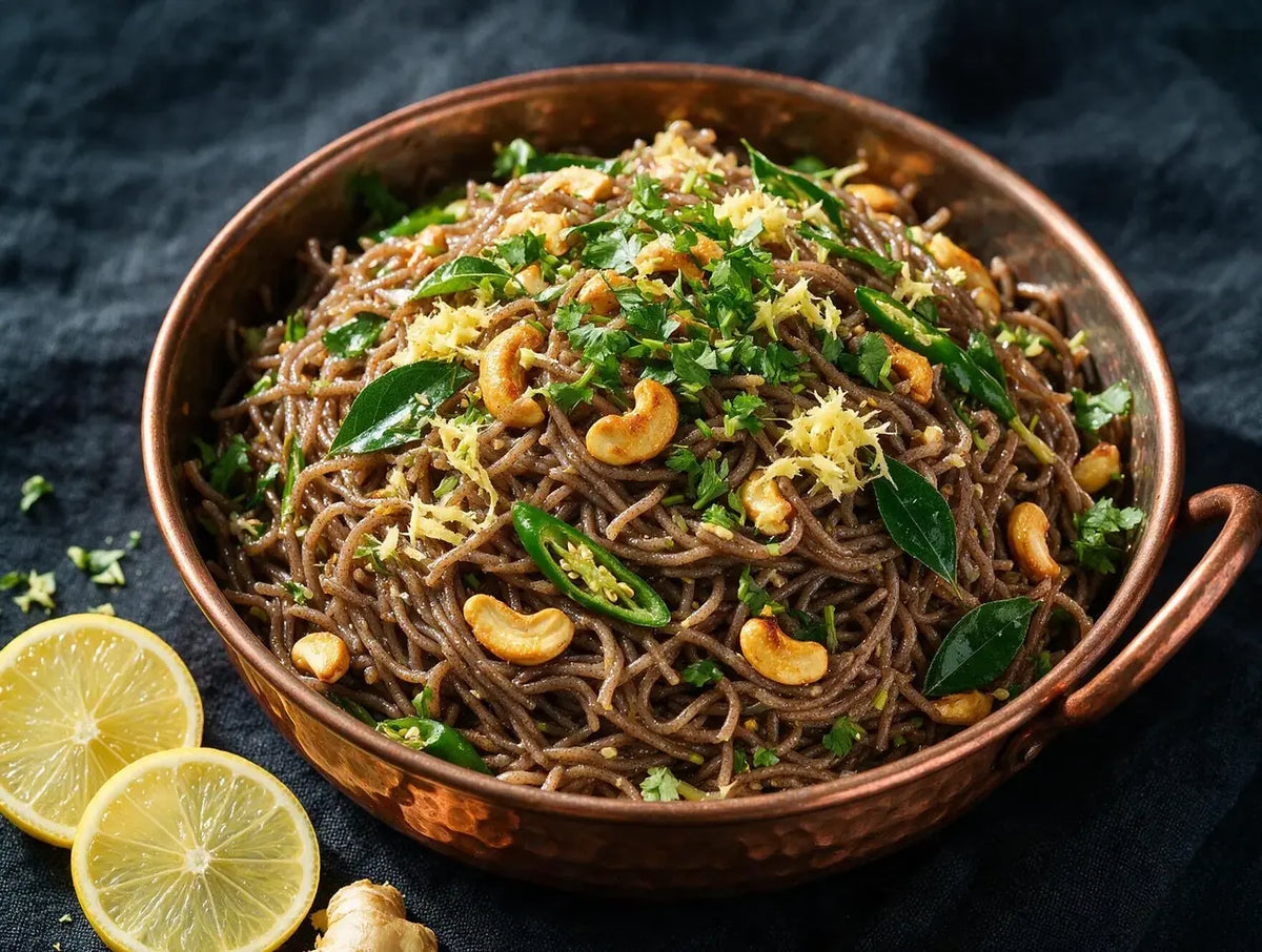 Dark lemon ragi sevai with cashews, green chilli and coriander in a copper bowl