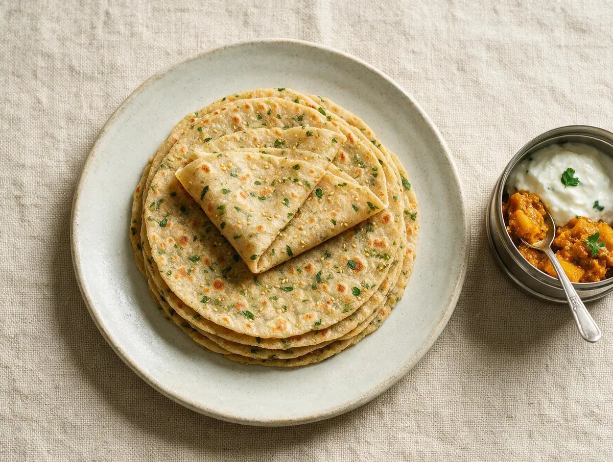 Thin speckled millet theplas stacked beside curd and mango pickle