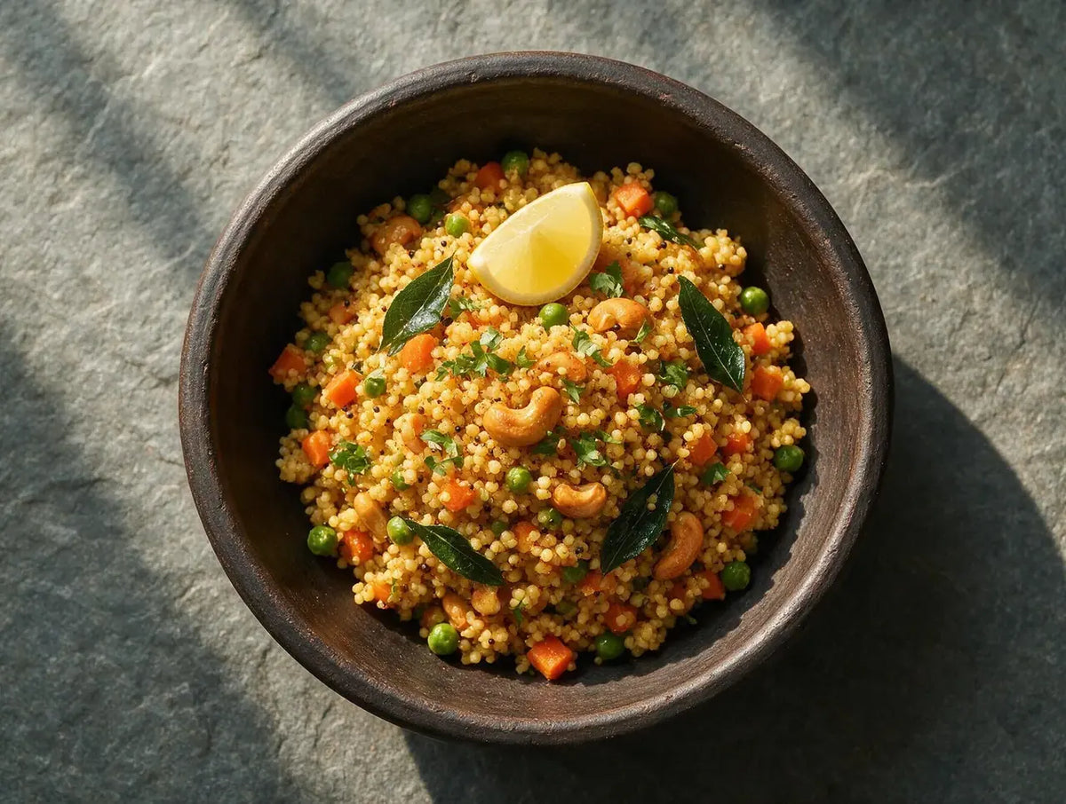 Fluffy golden millet upma with carrot, peas and cashews in a dark clay bowl