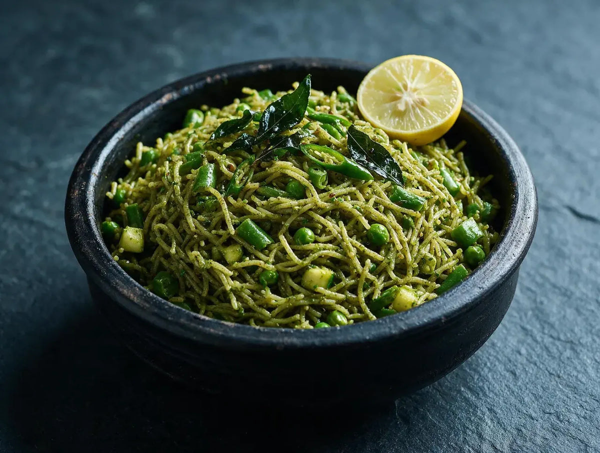 Green kodo millet and moringa vermicelli biryani topped with fried curry leaves