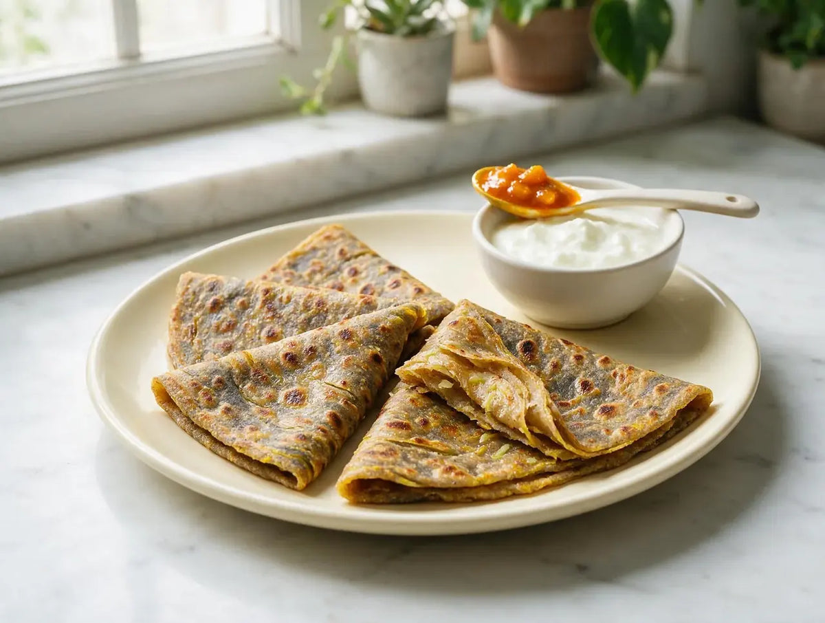 Freckled brown multigrain parathas stacked on a plate with a curd bowl