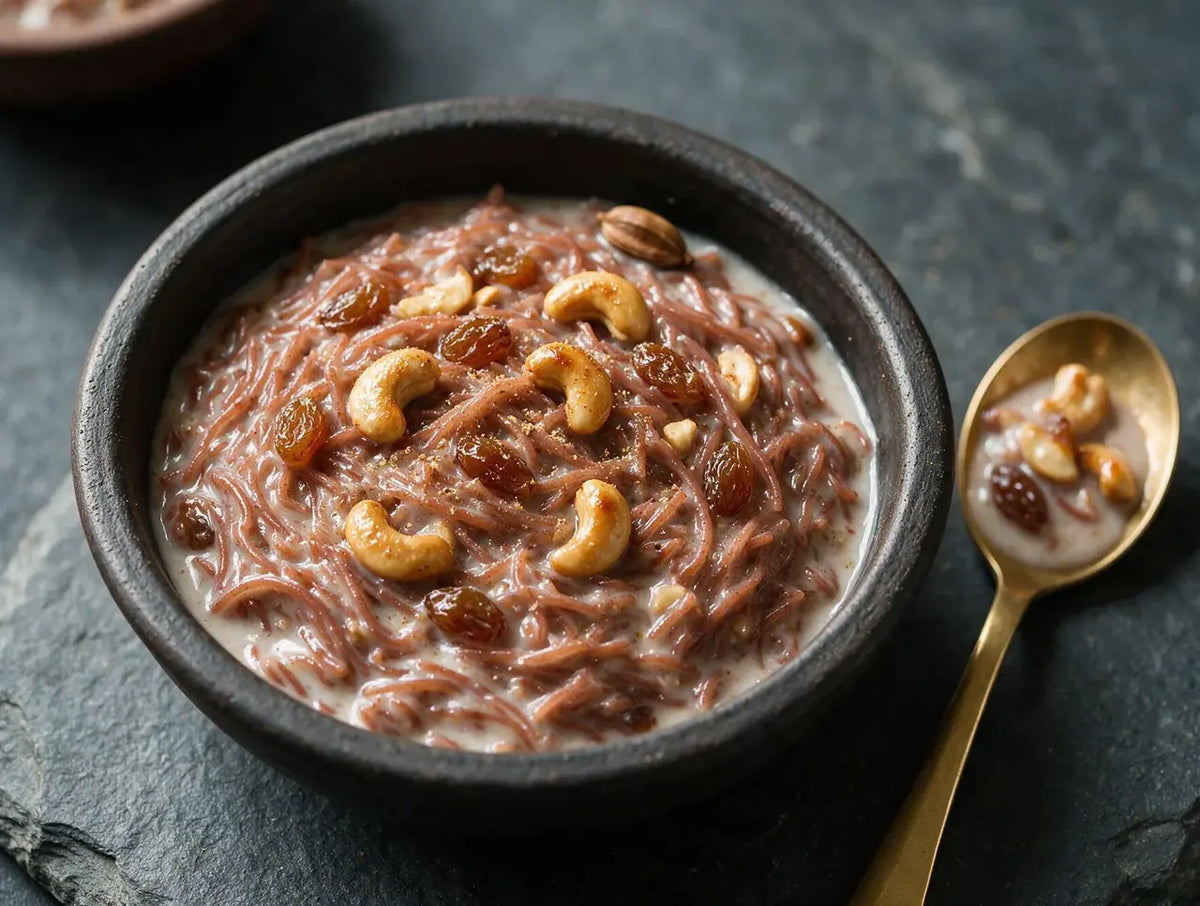 Russet Navara rice vermicelli porridge in coconut milk with cashews and raisins