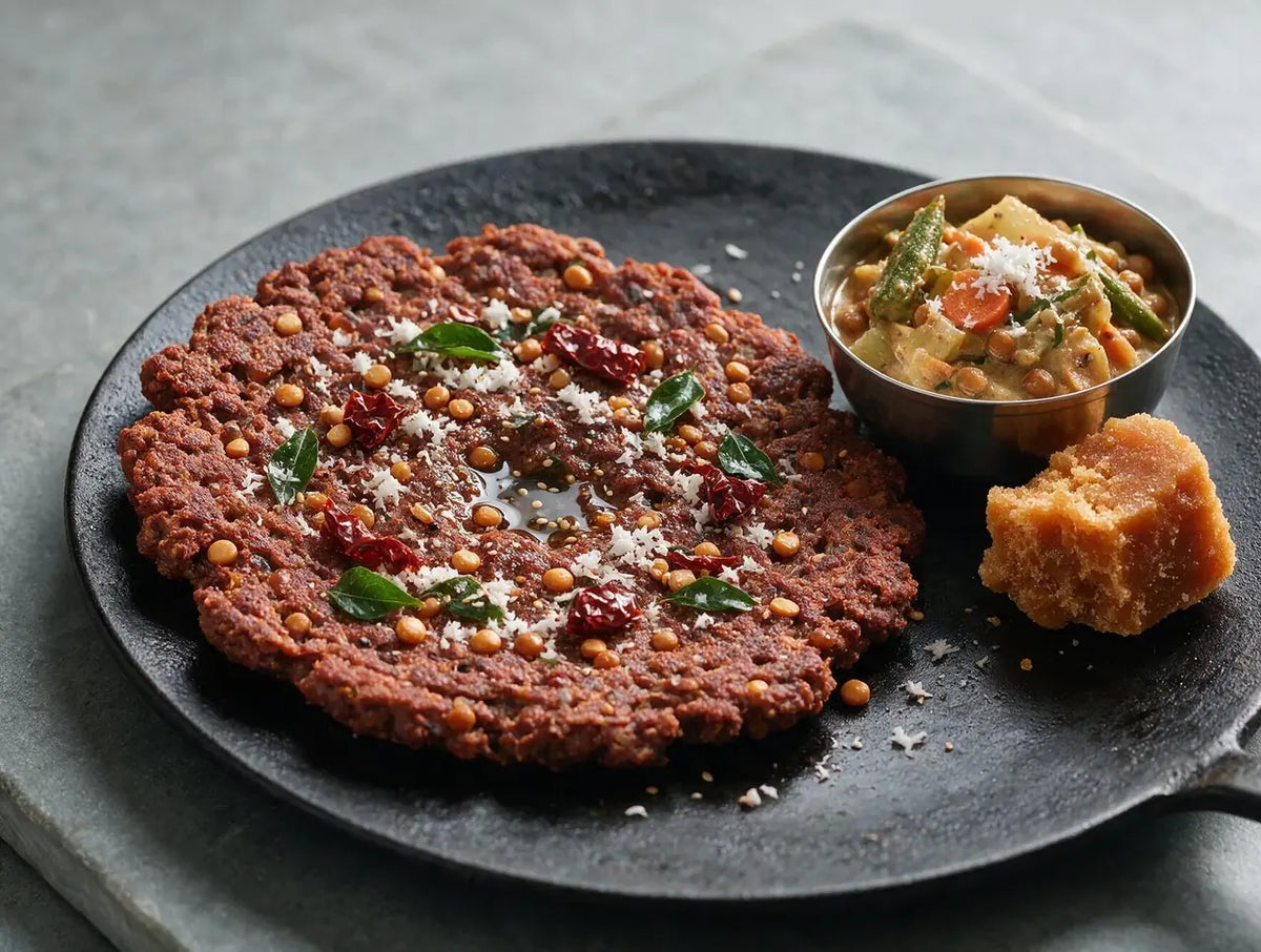 Thick crusted ragi adai with whole dal and red chilli on a black cast iron tawa