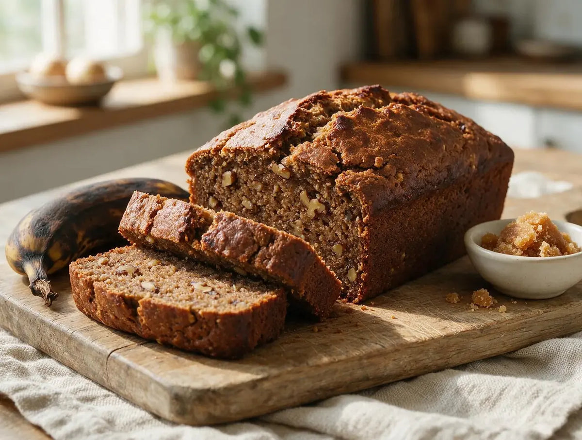 Sliced dark ragi banana bread on a board showing a moist crumb studded with walnuts