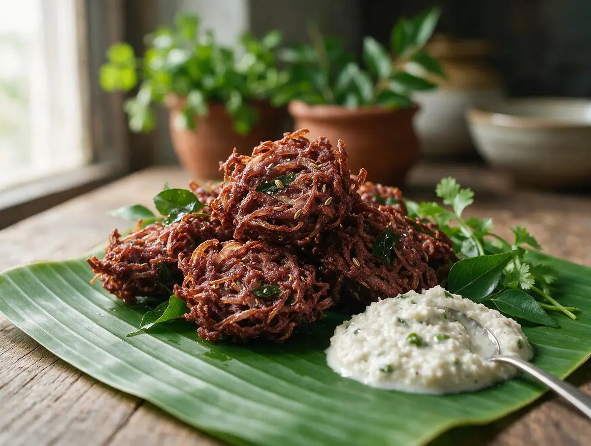 Dark ragi onion pakoras on a banana leaf with coconut chutney and curry leaves