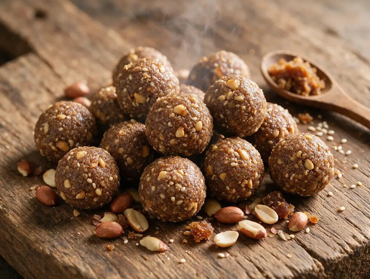 Rustic ragi peanut bites on a wooden board with crushed peanuts scattered around