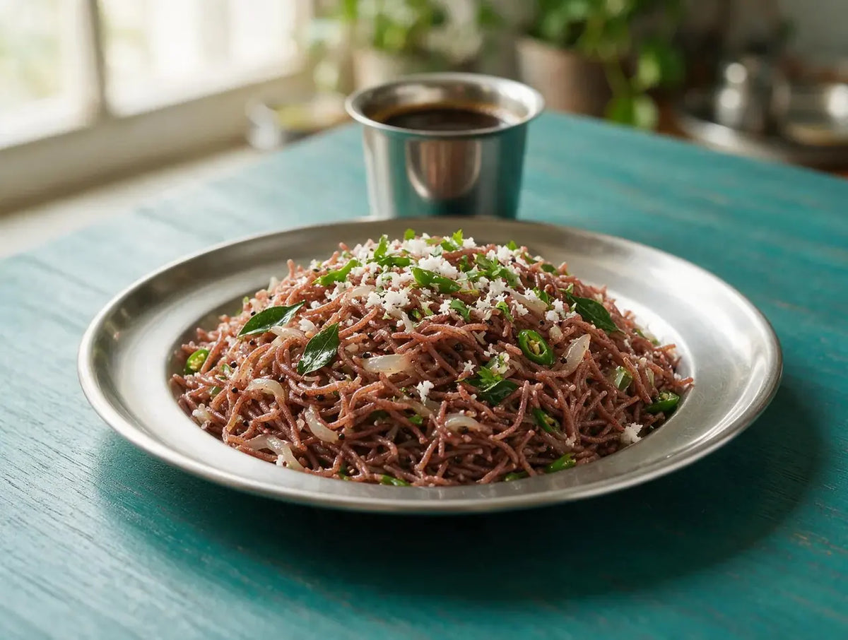 Dark ragi sevai with sliced onion, curry leaves and grated coconut in a steel plate