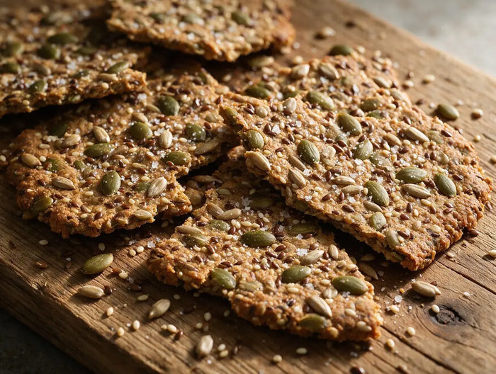 Craggy seeded millet cracker shards on a wooden board with scattered pumpkin seeds