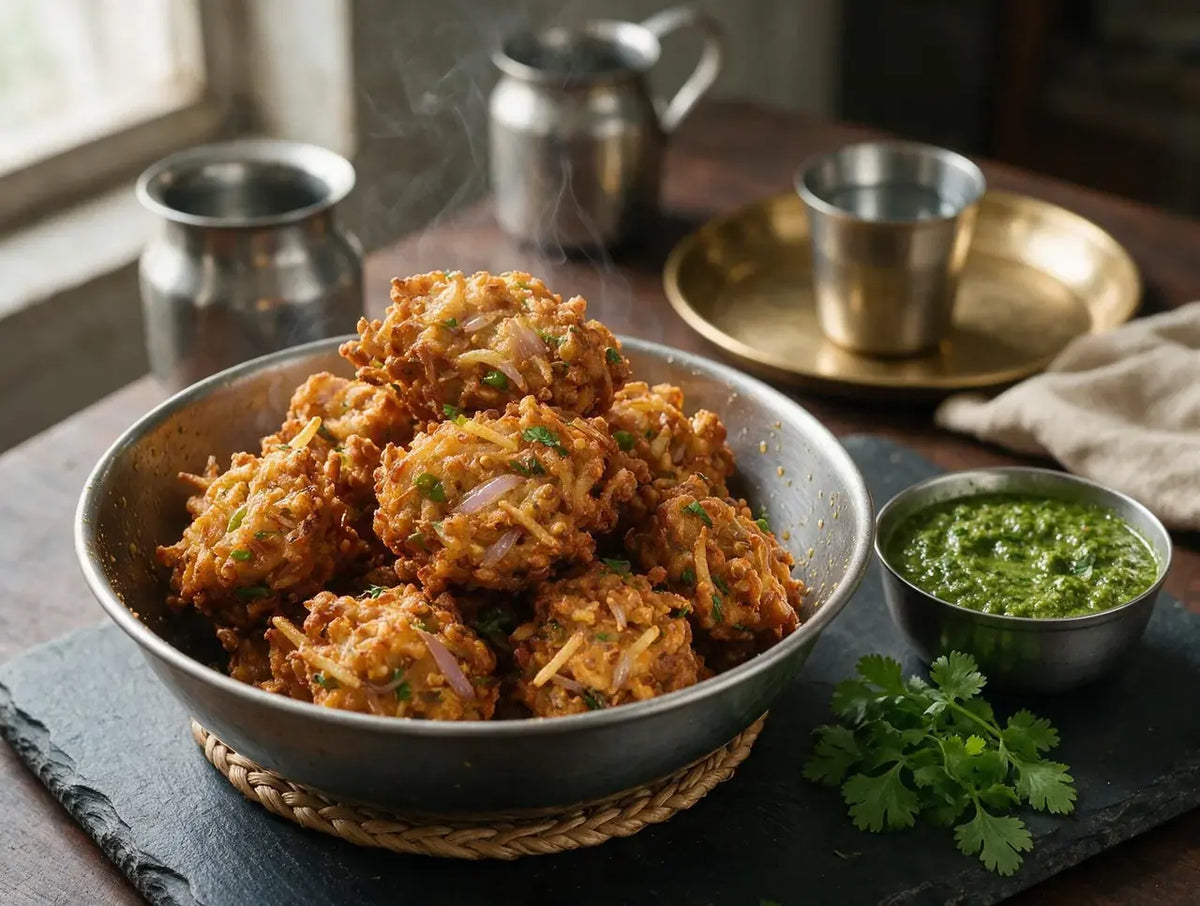 Golden craggy jowar onion pakoras piled in a steel bowl beside green chutney