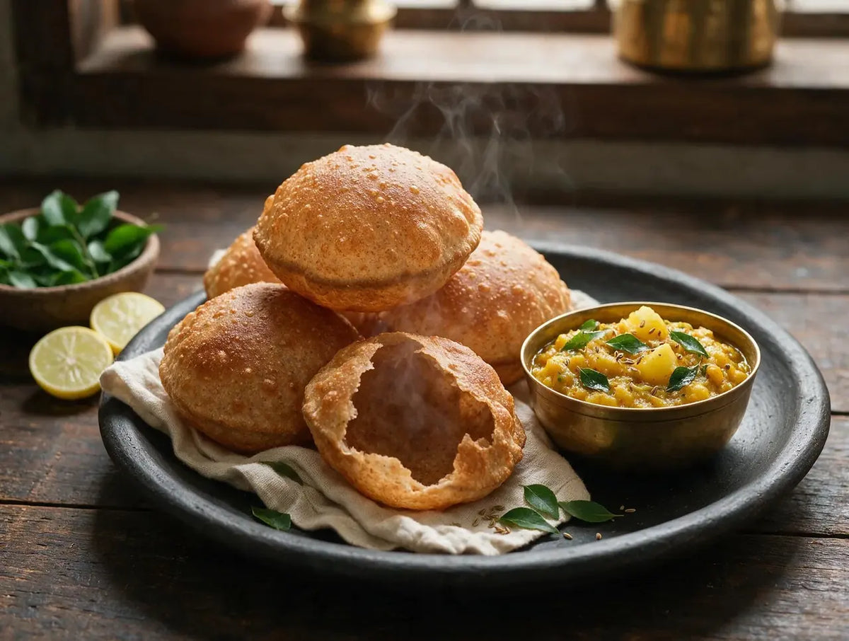 Stack of puffed dark-gold jowar pooris beside a bowl of potato sabzi