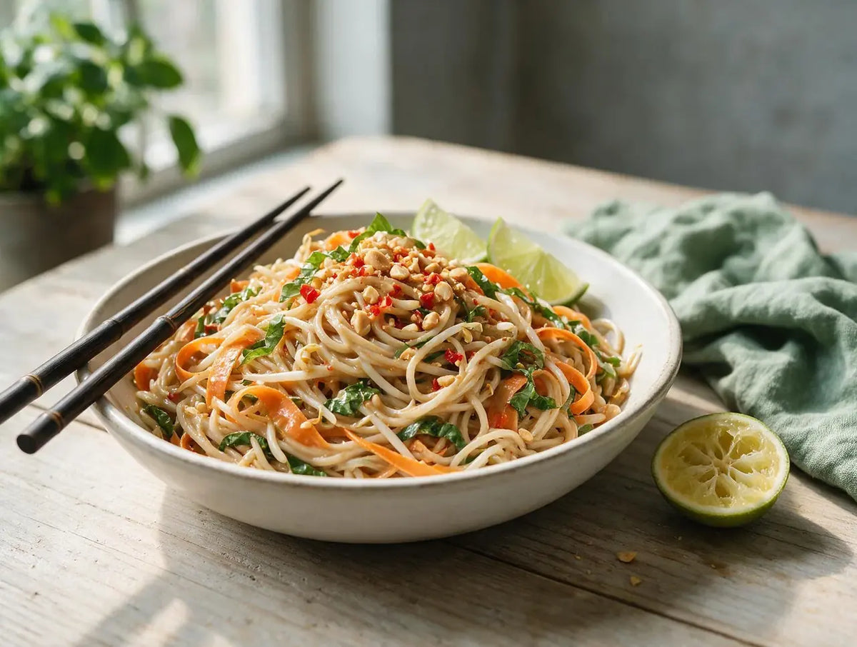 Peanut coconut noodles with carrot ribbons, beansprouts, Thai basil and lime wedges