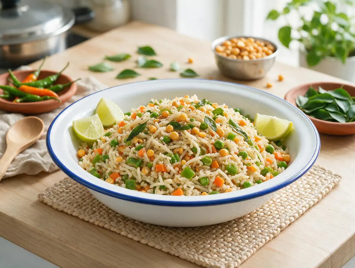 Millet sevai tossed with diced carrot, beans, peas and capsicum with lime wedges