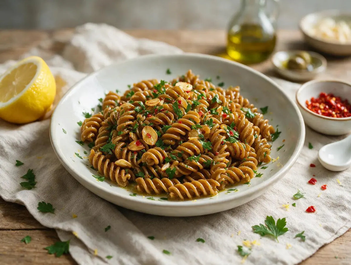Golden garlic and chilli fusilli tossed with parsley and lemon zest in a shallow bowl