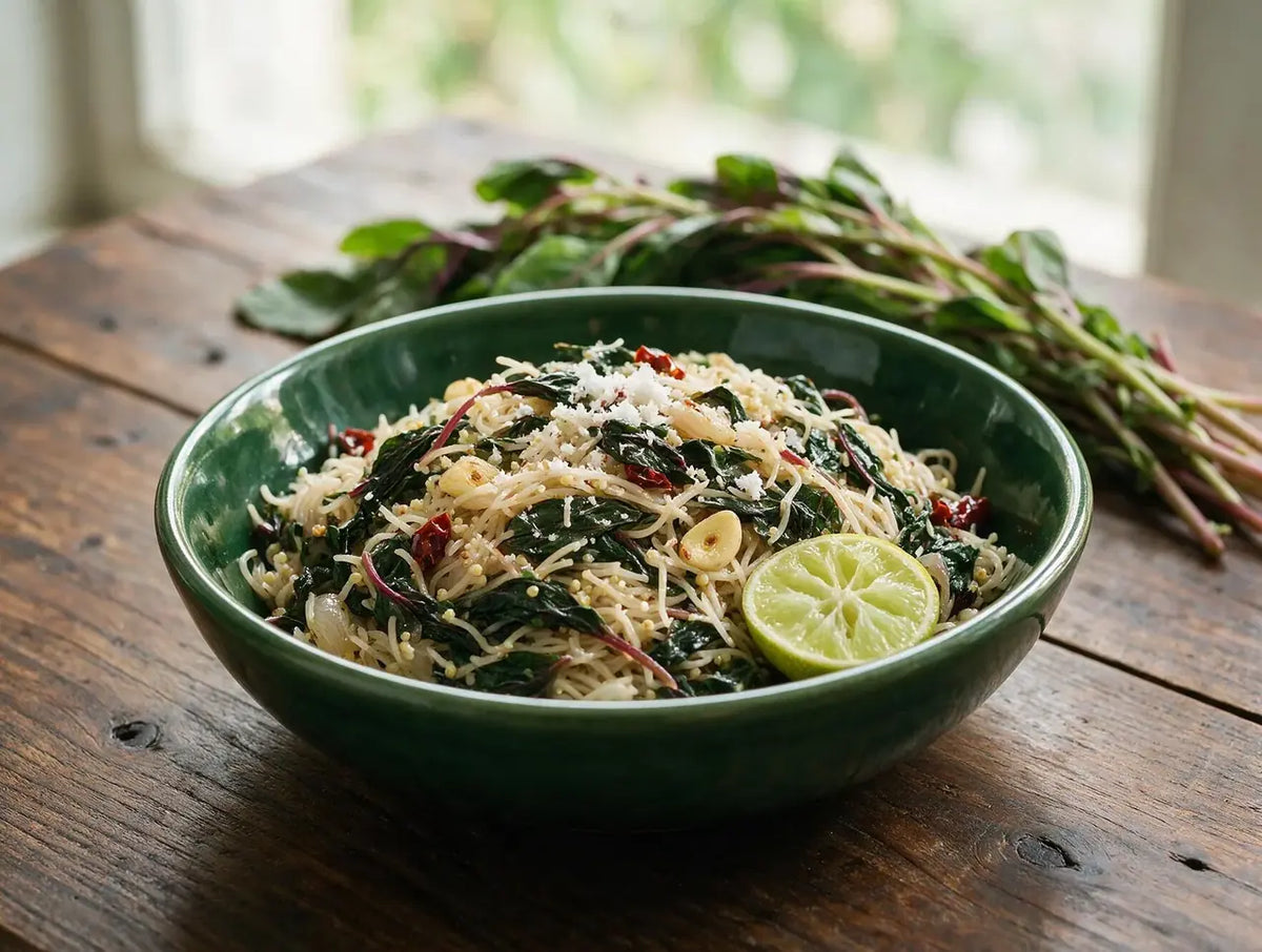 Foxtail sevai tossed with dark wilted amaranth greens, garlic and grated coconut
