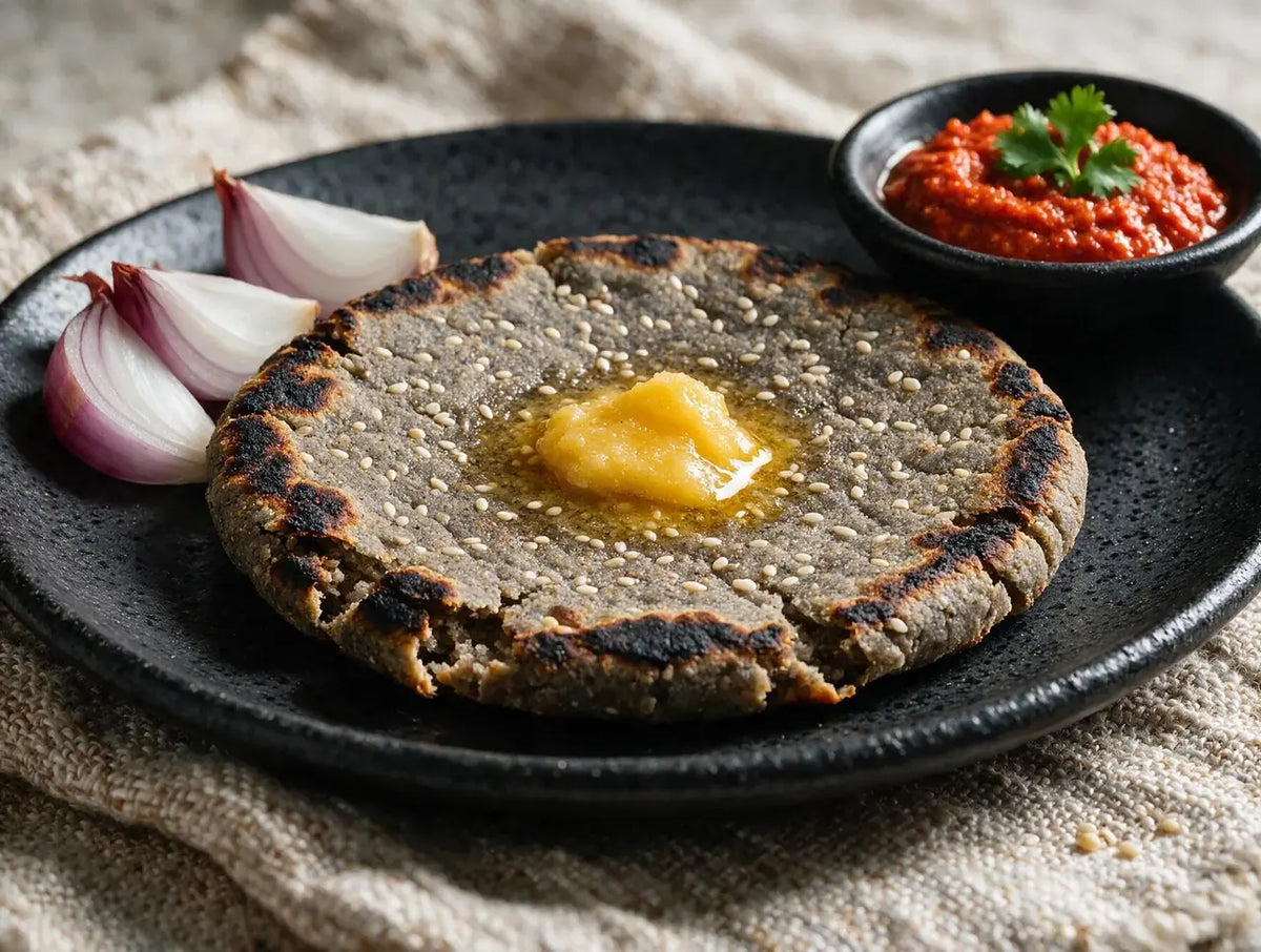 Thick grey bajra bhakri with charred edges, garlic chutney and onion wedges