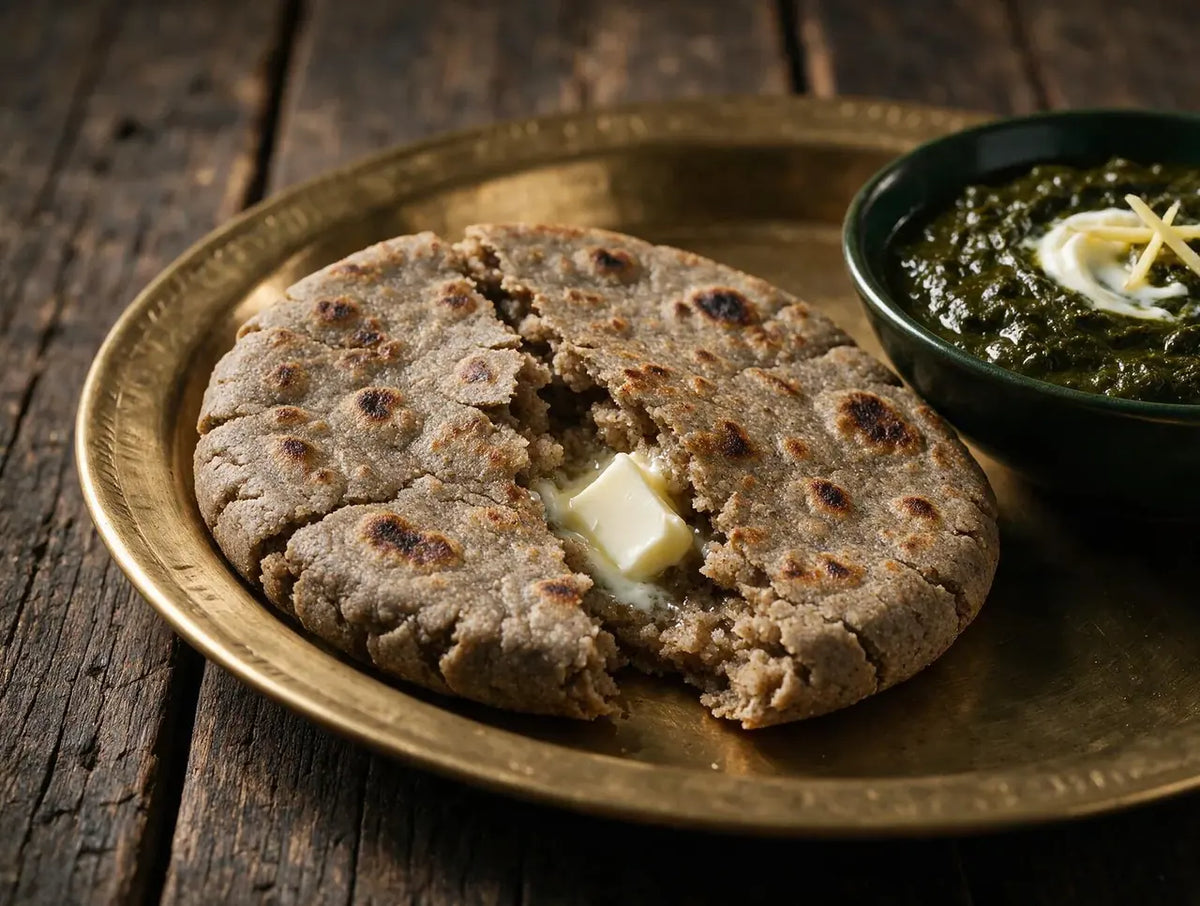 Thick rustic bajra roti with cracked toasted edges beside sarson saag and butter
