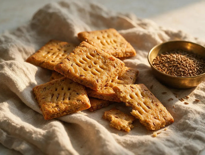 Diamond-cut bajra crackers with visible cumin and ajwain seeds on a linen cloth