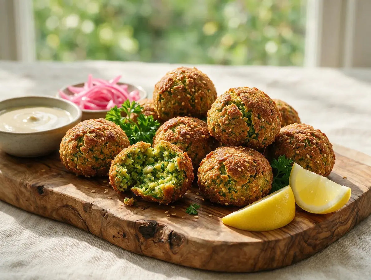 Cracked golden baked falafel on a board with tahini sauce and pickled red onion