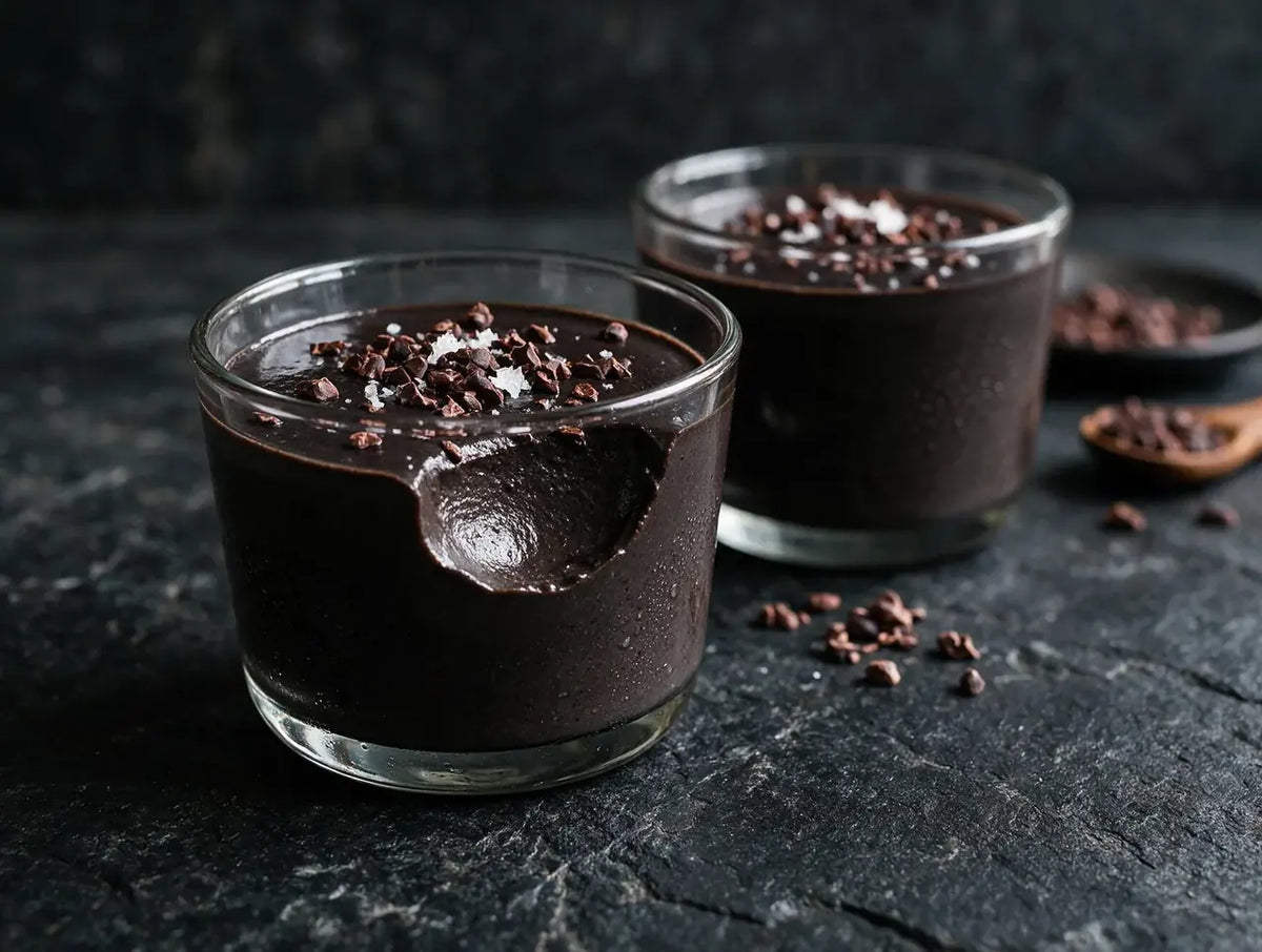 Dark cacao ragi pudding in small glasses topped with cacao nibs and sea salt flakes