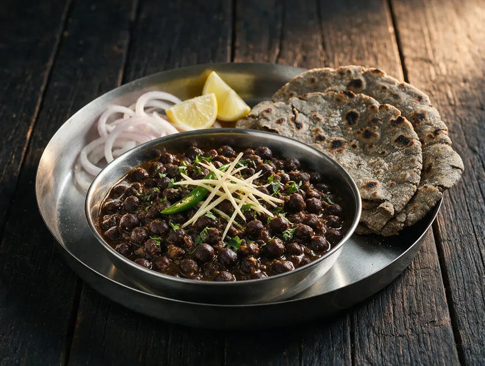Dark chana masala with ginger juliennes served beside charred bajra rotis