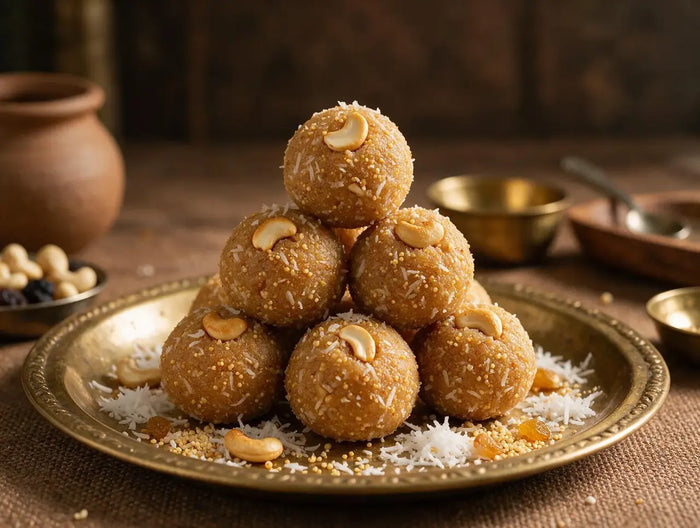 Coconut jaggery millet ladoo stacked on a brass plate with grated coconut scattered around