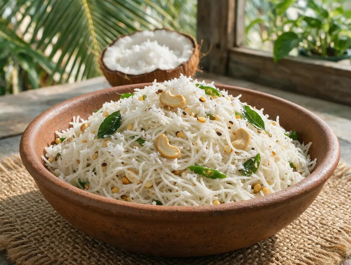 White coconut sevai with fresh grated coconut, cashews and green chilli in a terracotta bowl