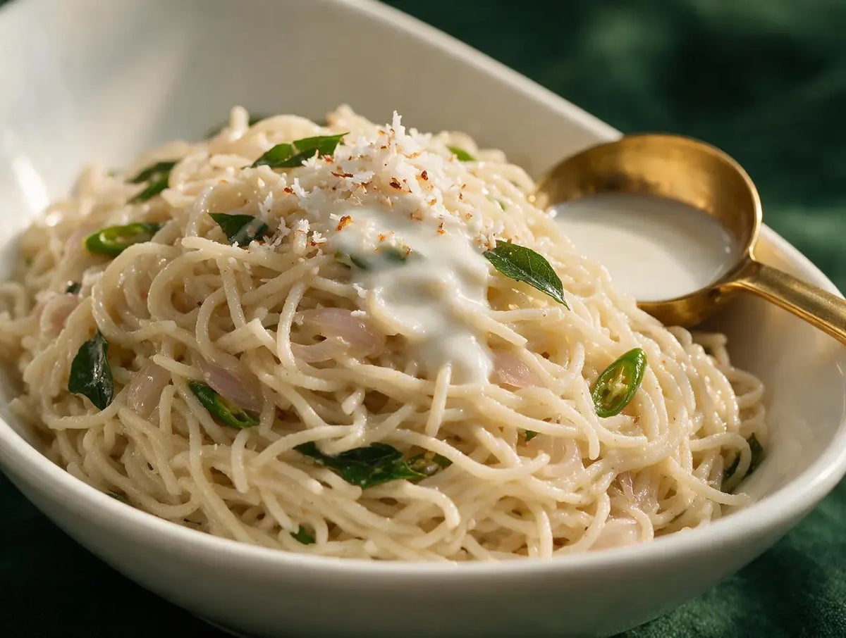 Glossy jowar sevai finished in coconut milk with shallots and curry leaves in a white bowl