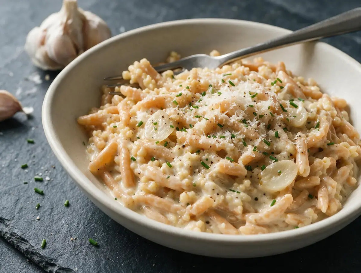 Orange-flecked millet pasta in a glossy garlic cream sauce with parmesan and chives