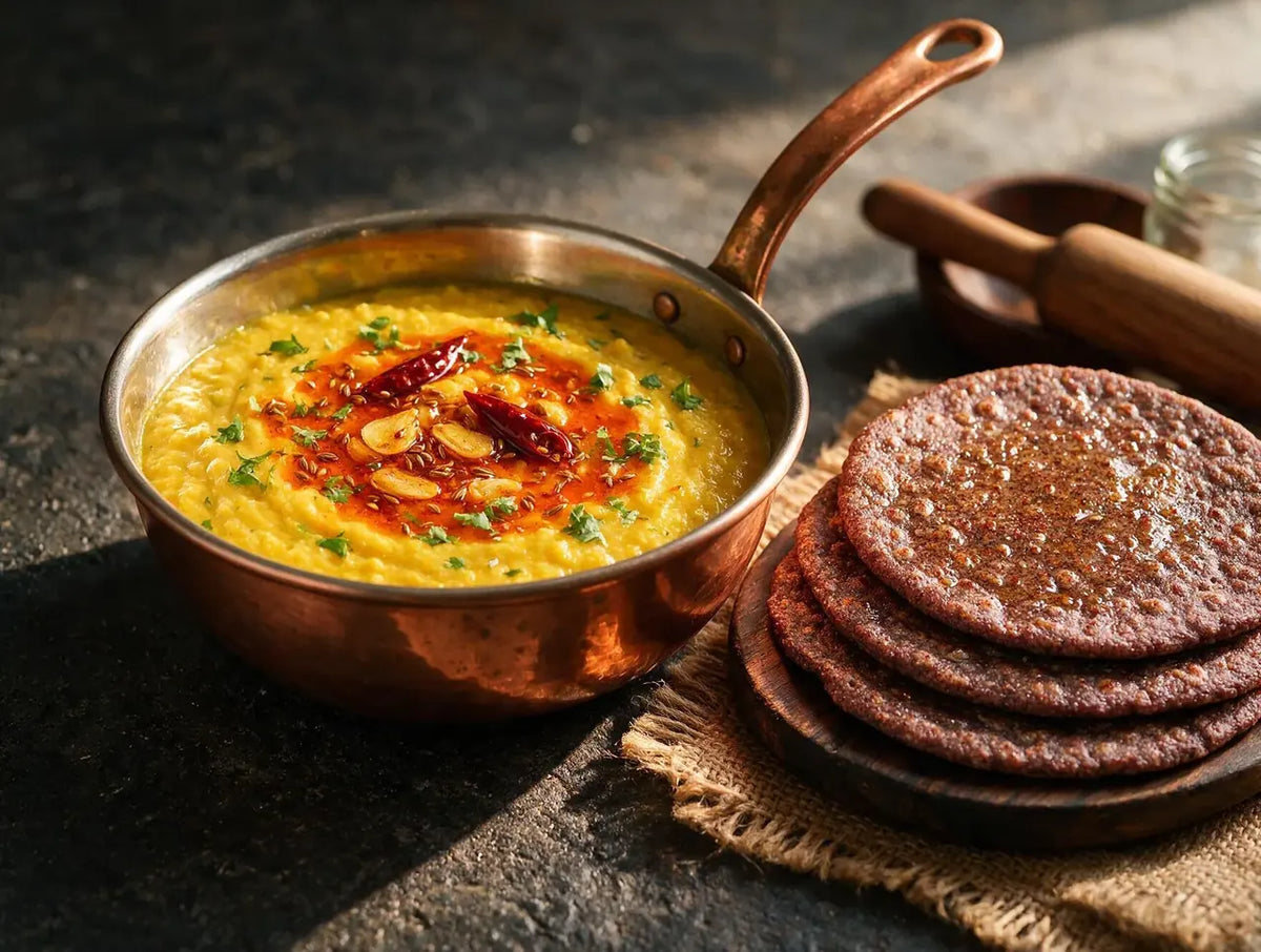 Yellow dal tadka with garlic and red chilli tempering beside dark ragi rotis