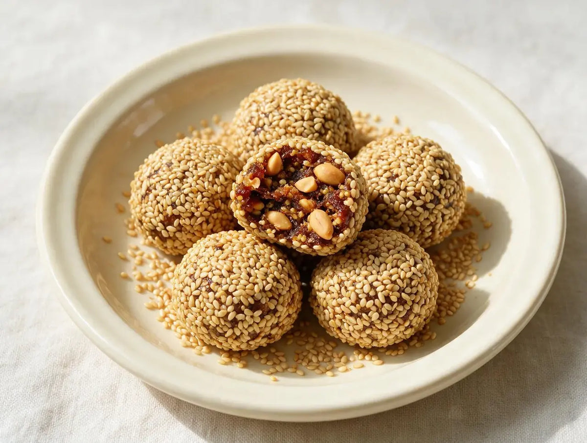 Sesame-coated foxtail millet peanut bites in a shallow ceramic dish, one broken open