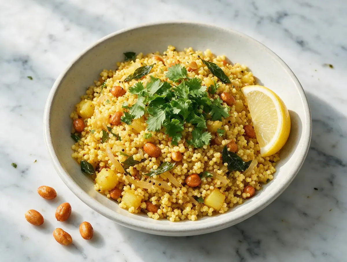 Turmeric-yellow millet poha with peanuts, potato and lemon wedge on pale ceramic
