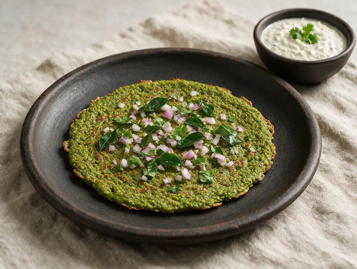 Green-flecked moong and millet chilla with onion topping on a dark clay plate