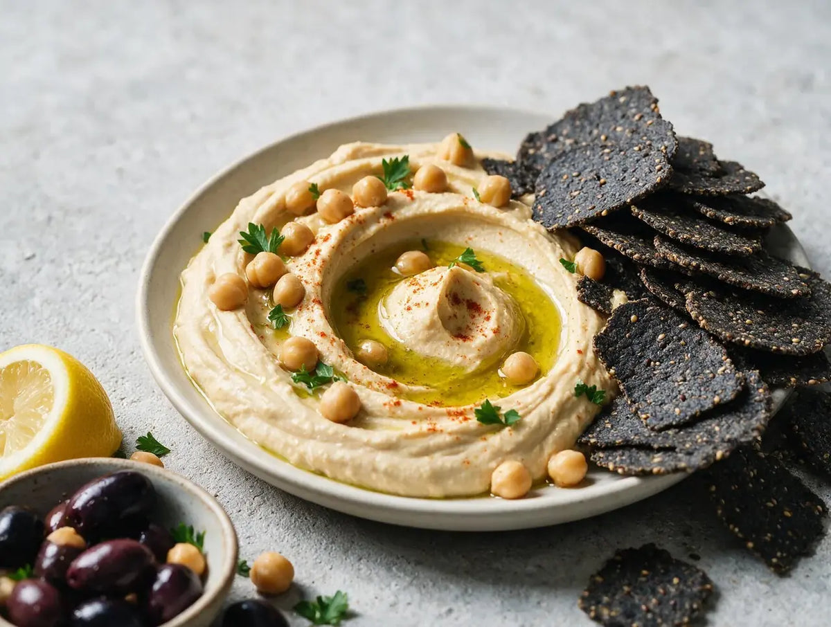 Swirled hummus with olive oil and paprika beside a pile of thin dark ragi crackers