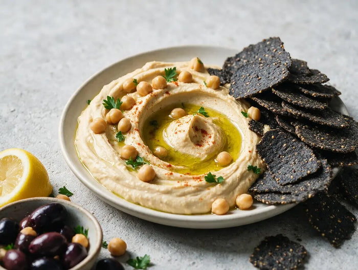Swirled hummus with olive oil and paprika beside a pile of thin dark ragi crackers