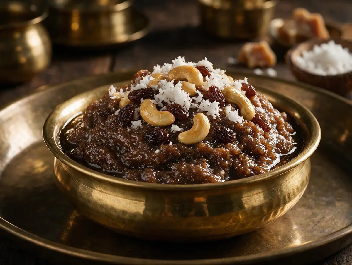 Glossy dark ragi halwa in a brass bowl topped with fried cashews, raisins and coconut