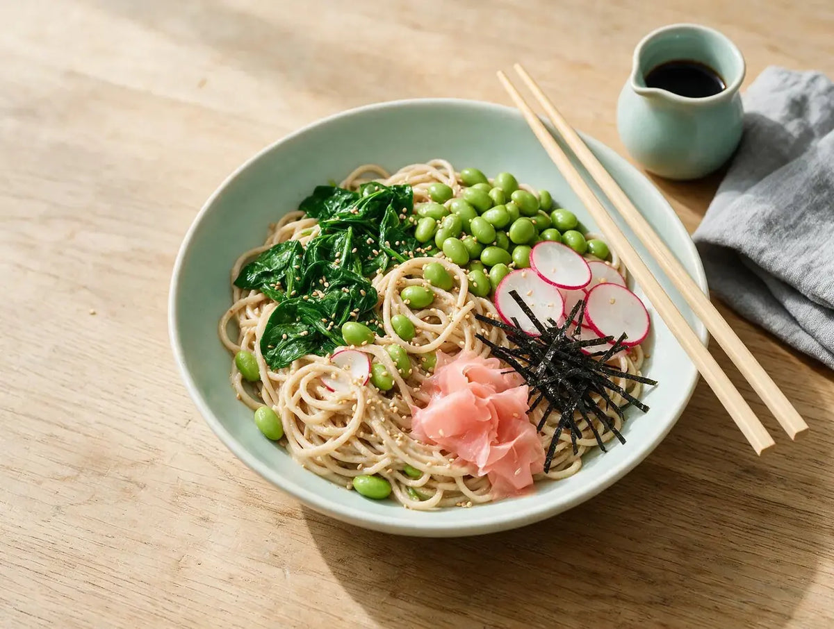Pale sesame noodle bowl with spinach, edamame, radish, pickled ginger and nori strips