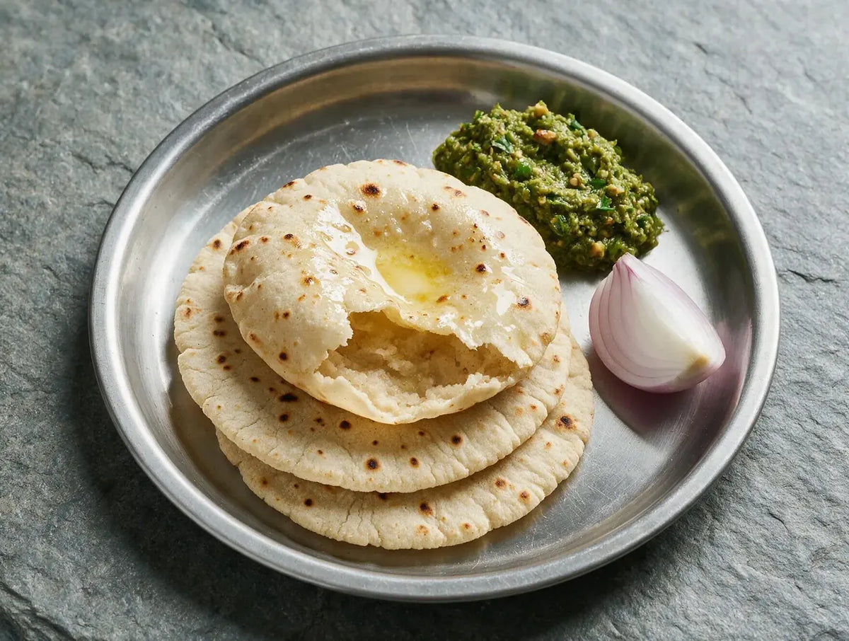 Pale hand-patted jowar bhakri with charred spots, ghee and green thecha