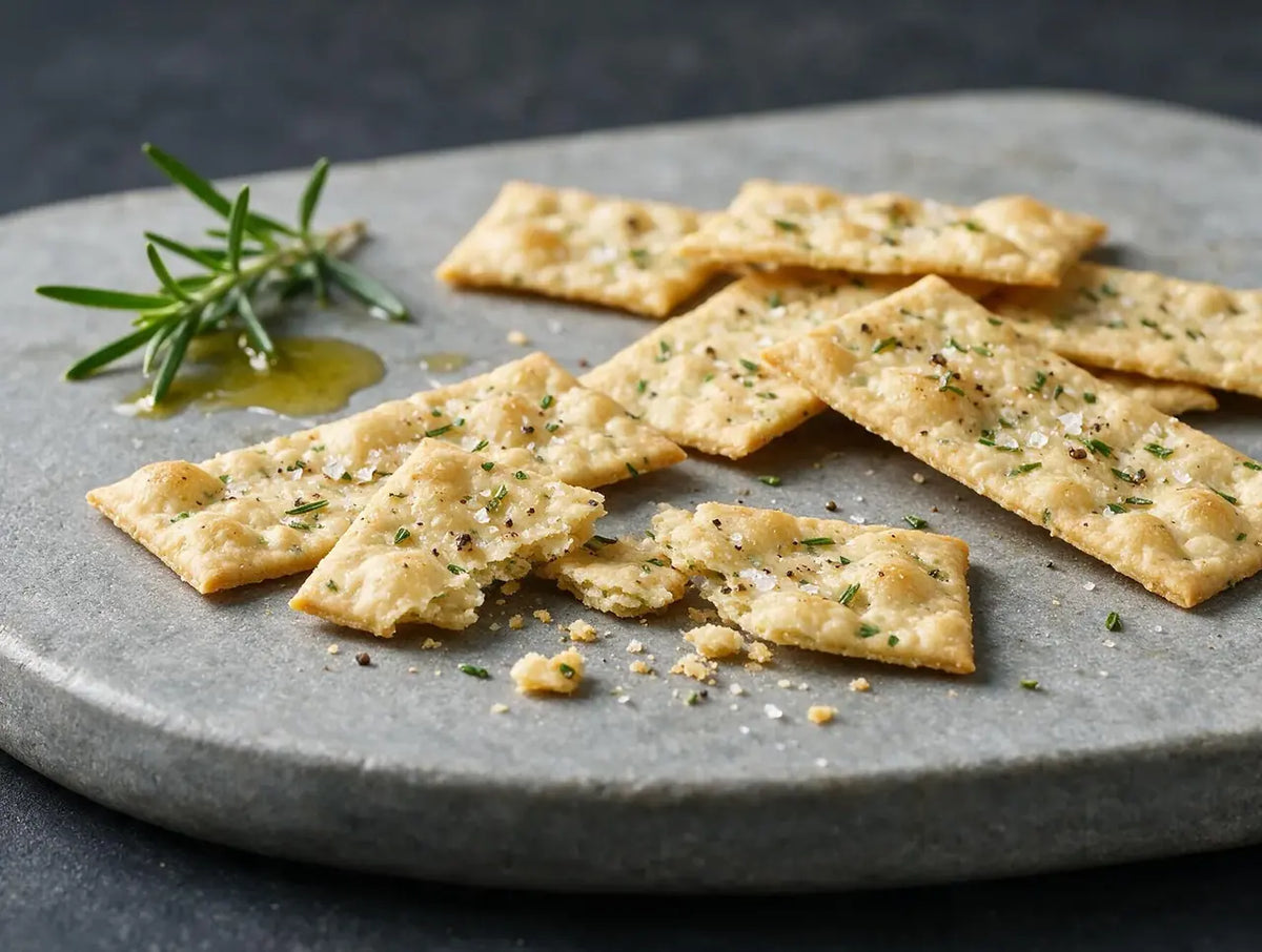 Pale gold rosemary jowar crackers scattered across a matte stoneware surface