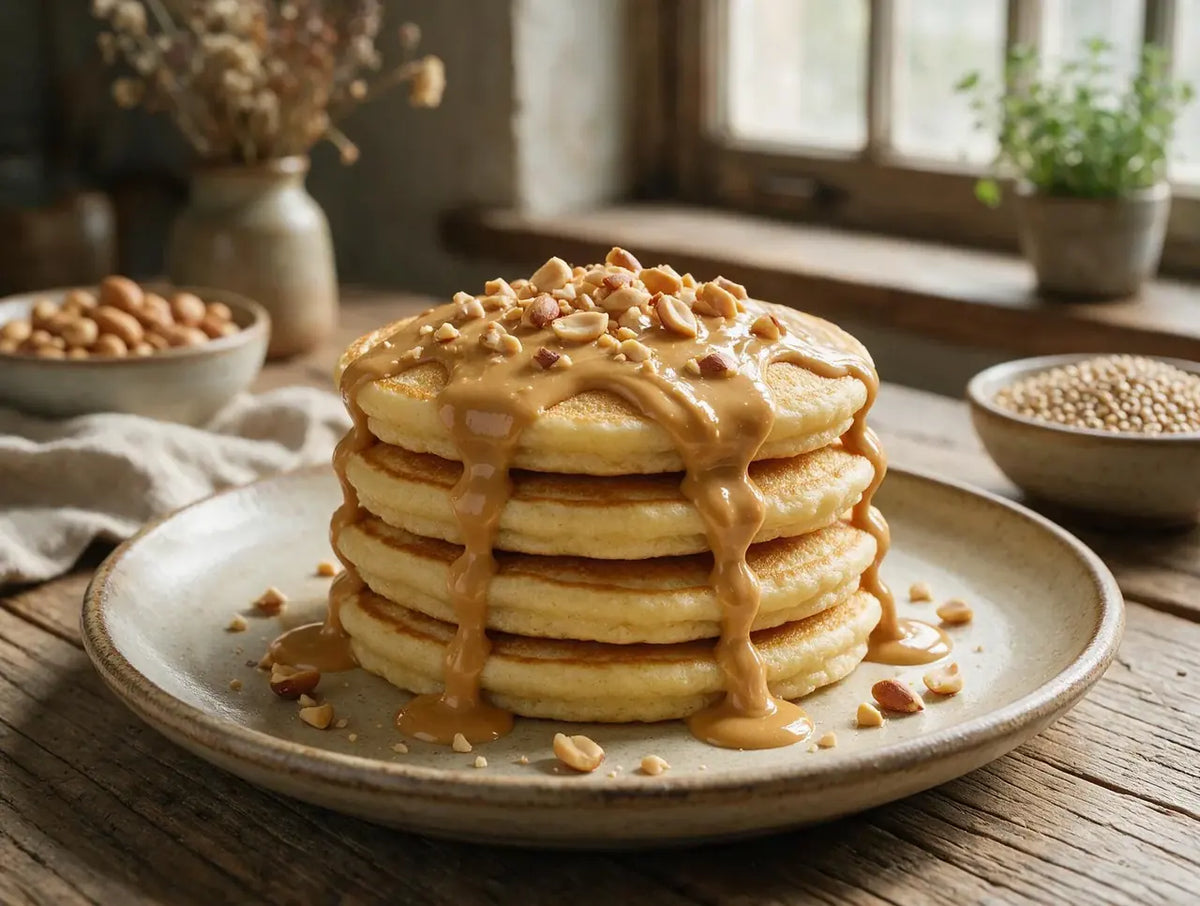 Stack of pale jowar pancakes with peanut butter pouring over and chopped peanuts