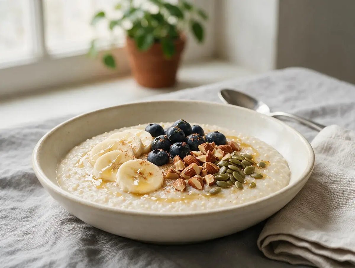 Creamy jowar porridge bowl topped with banana, blueberries, almonds and honey