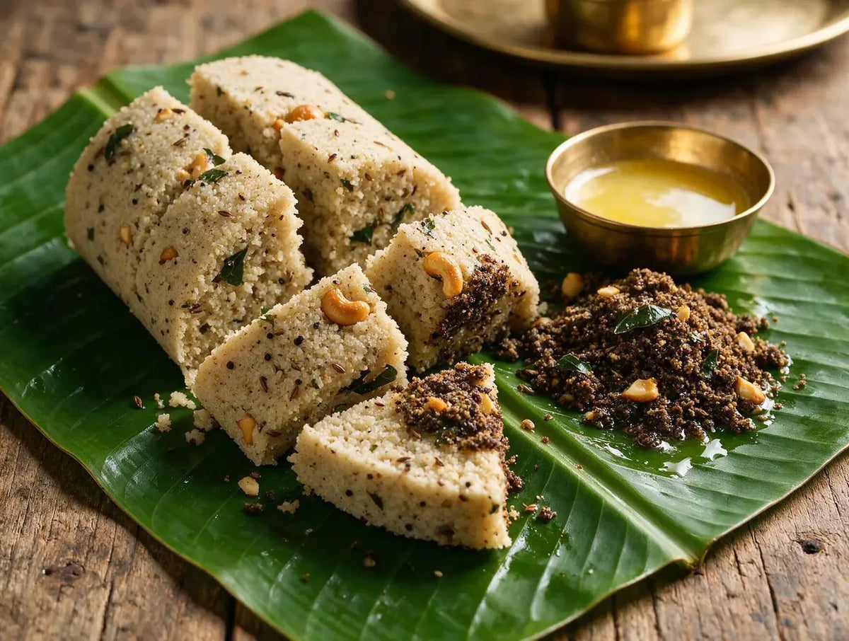 Thick wedges of peppery Kanchipuram-style millet idli with cashews on a banana leaf
