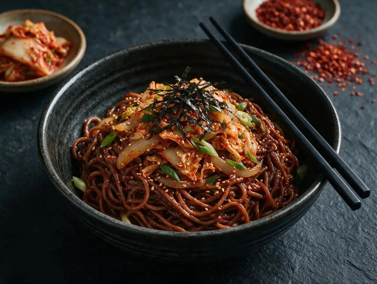Dark ragi noodles in glossy red chilli sauce topped with kimchi, sesame and shredded nori