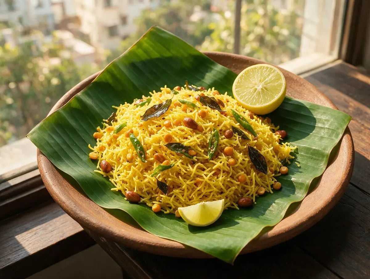 Bright yellow lemon sevai with fried peanuts and curry leaves on a banana leaf