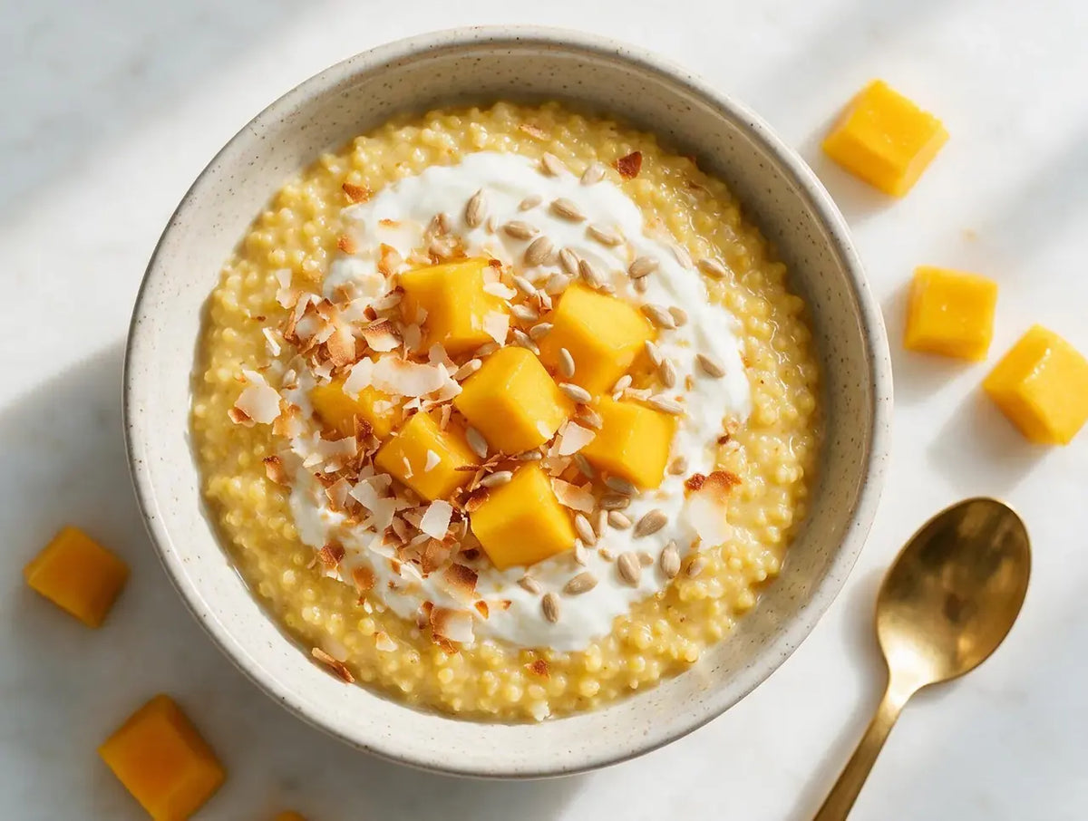 Coconut millet porridge bowl with mango, toasted coconut flakes and curd swirl