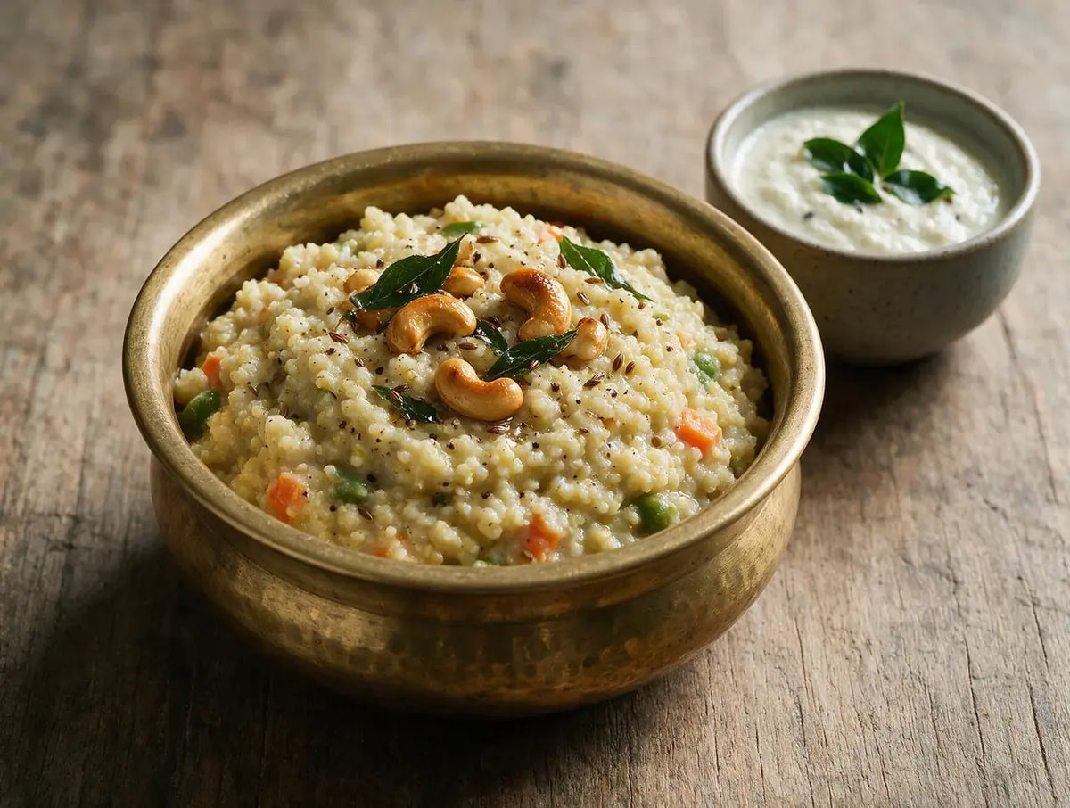 Creamy little millet pongal with cashews, cracked pepper and curry leaves in a brass bowl
