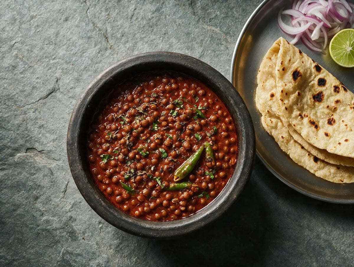 Thick brick-red whole masoor curry in a bowl with pale blistered jowar rotis